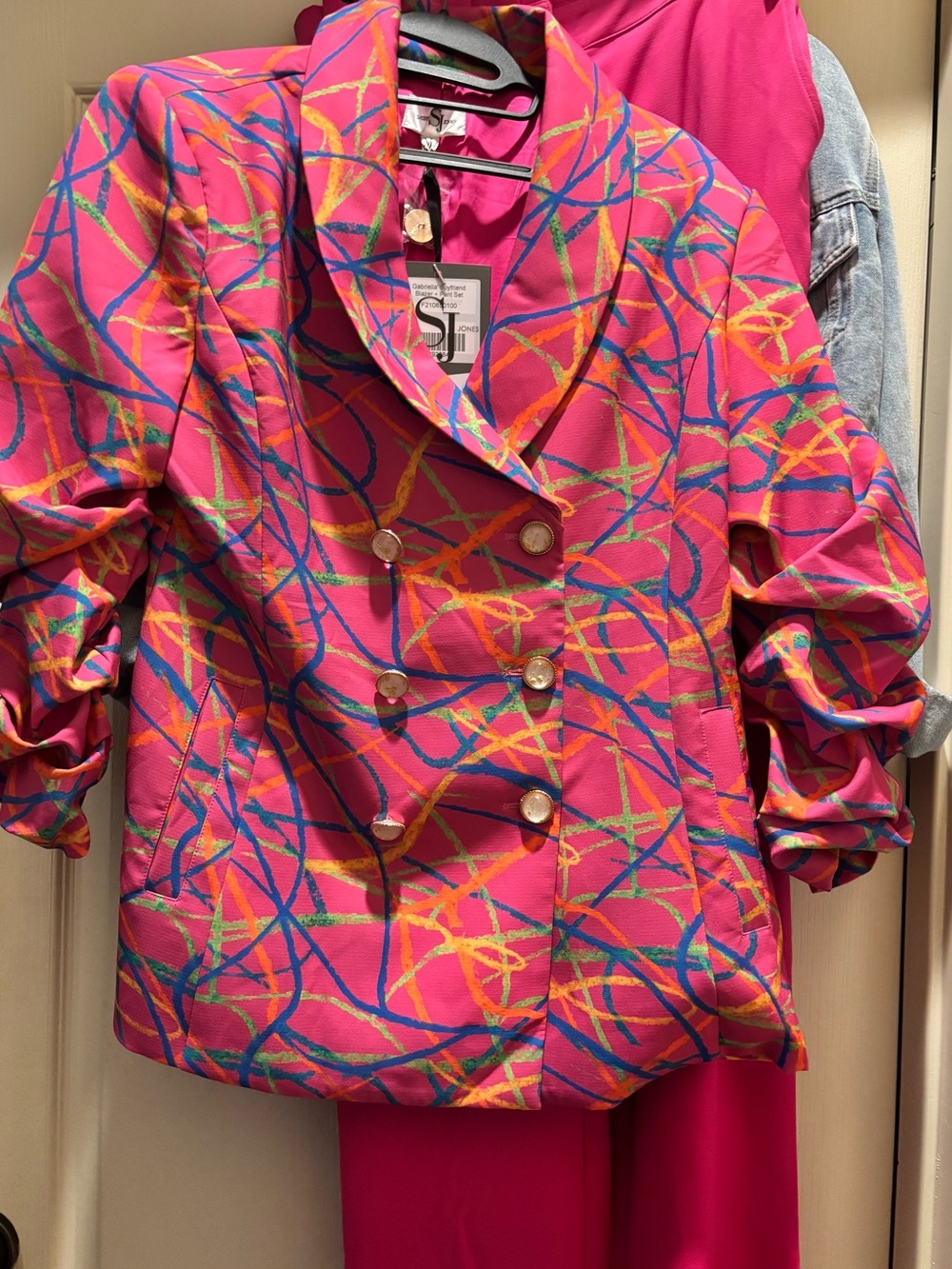 Sassy Jones Pink Abstract-Print Double-Breasted Blazer Pantsuit.